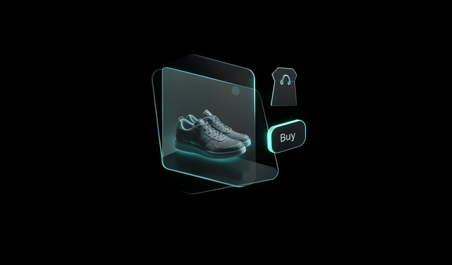 Schwebende Produktkarte mit Sneaker und Kaufen-Button als Symbol für den Onlineshop